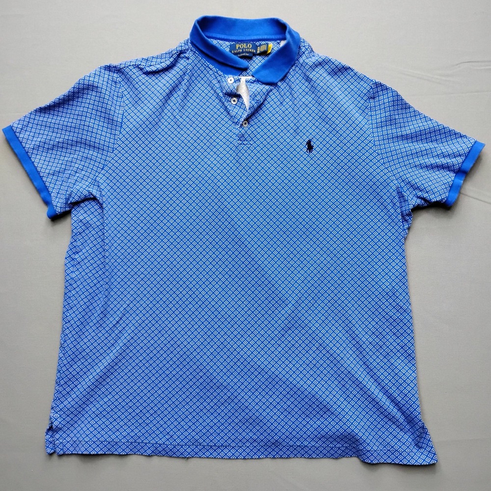 Polo Ralph Lauren Mens XL Classic Fit Blue Geometric Diamond Print‎ Polo Shirt